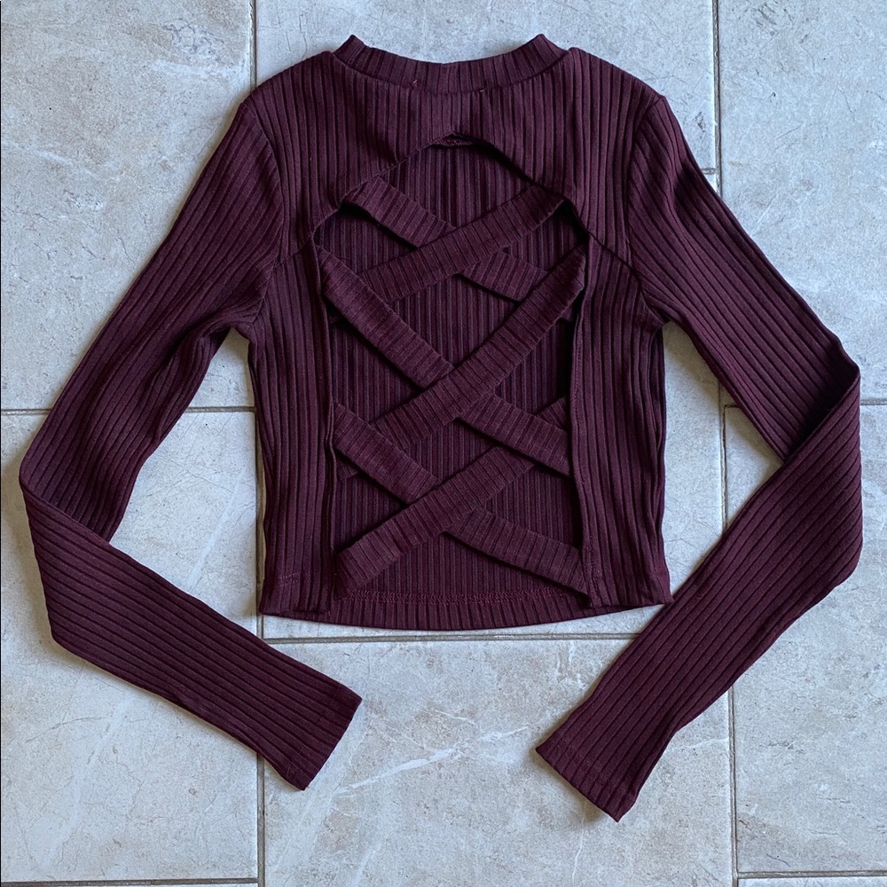 F21 Dark Red Criss Cross Open Back Crop Long Sleeve
